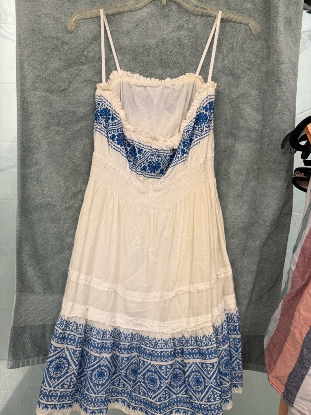 B Darlin Cream Midi Dress with Blue Embroidered Trim